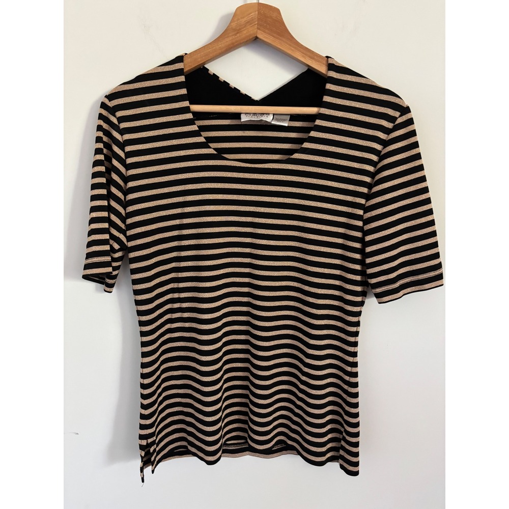 Chicos Travelers Women Sz 0 small  black gold Metallic Striped Short Sleeve Top